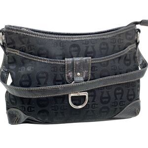 Etienne Aigner Monogram Y2K Black Logo Leather Canvas Purse Shoulder Bag Satchel